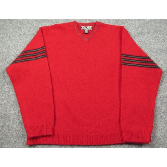 Shetland Wool Sweater Men Large Red Grey Black Arm Stripe Work Wear Vintage Look - Picture 1 of 7